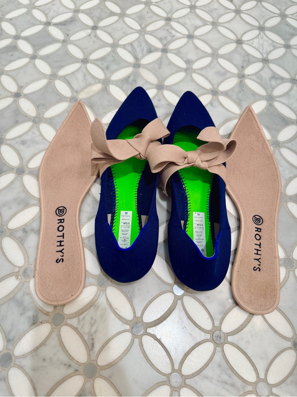 Rothy's The Mary Jane Pointed Toe Flat Sapphire Blue Tan Bow Size 12.5 - Picture 4 of 11